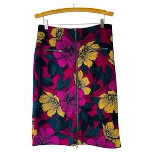 Worthington pink purple yellow floral moto zip stretchy office preppy skirt 14P